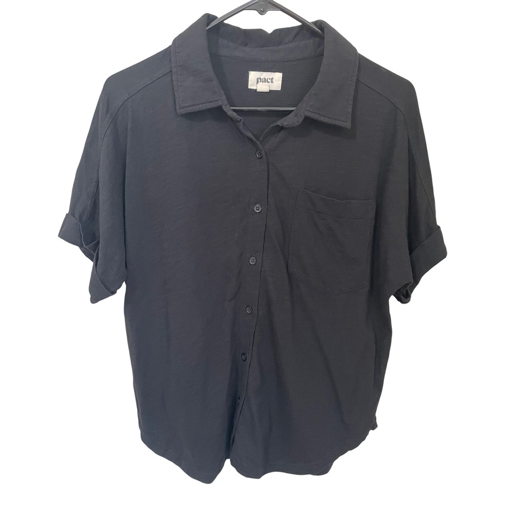 Pact Womens Size S Organic Cotton Slub Short Sleeve Button Down Shirt Black